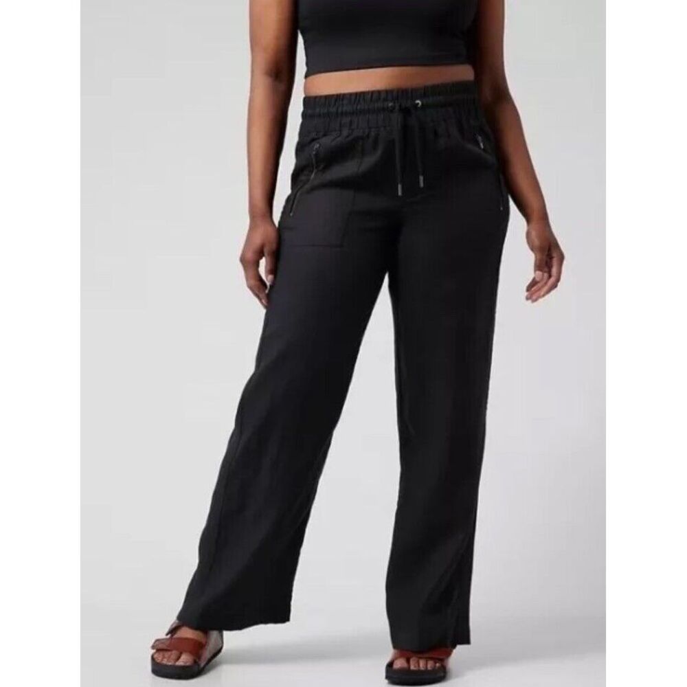 Athleta Navy drawstring zipper pocket wide leg linen pants size 6